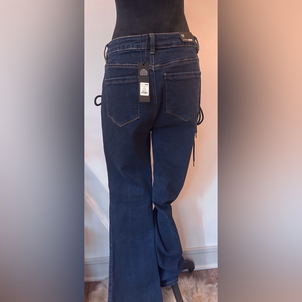 NWT - Fashion Nova Lace-Up Flare Jeans | Dark Wash High-Rise Denim - Picture 7 of 8
